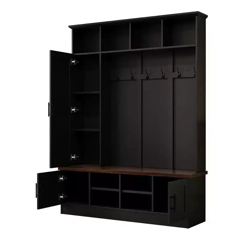 Panca da ingresso 3-in-1 da 55W con 6 ganci, appendiabiti e panca contenitore in noce con ripiani regolabili