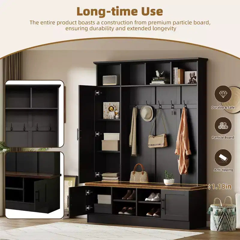 Panca da ingresso 3-in-1 da 55W con 6 ganci, appendiabiti e panca contenitore in noce con ripiani regolabili