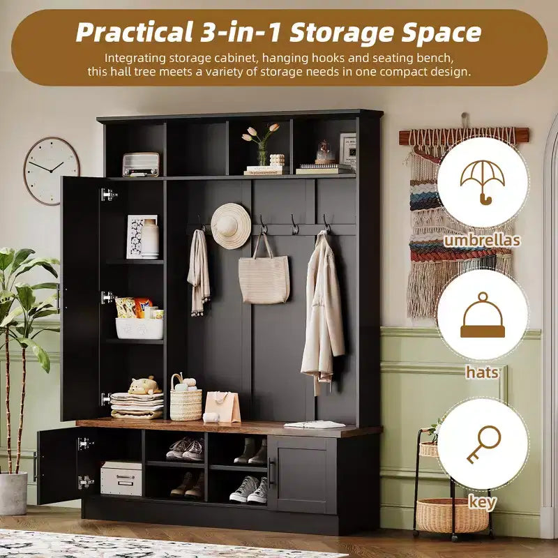 Panca da ingresso 3-in-1 da 55W con 6 ganci, appendiabiti e panca contenitore in noce con ripiani regolabili