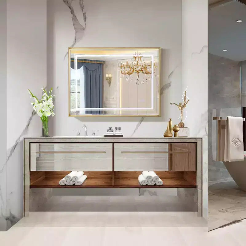 Specchio da bagno a LED con bordo smussato: illuminazione a gradiente K, illuminazione a doppio lato, 3 modalità di colore, IP54 anti-appannamento, montabile a parete