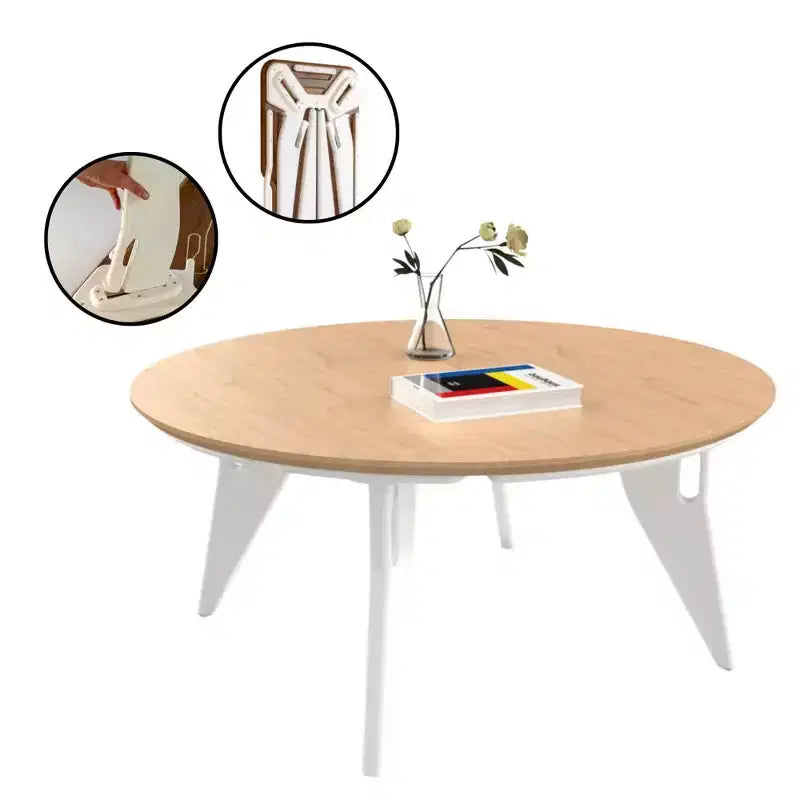Tavolino da caffè rotondo, 34 pollici, montaggio rapido con un clic, design pieghevole contemporaneo e salvaspazio, centrotavola portatile e minimalista