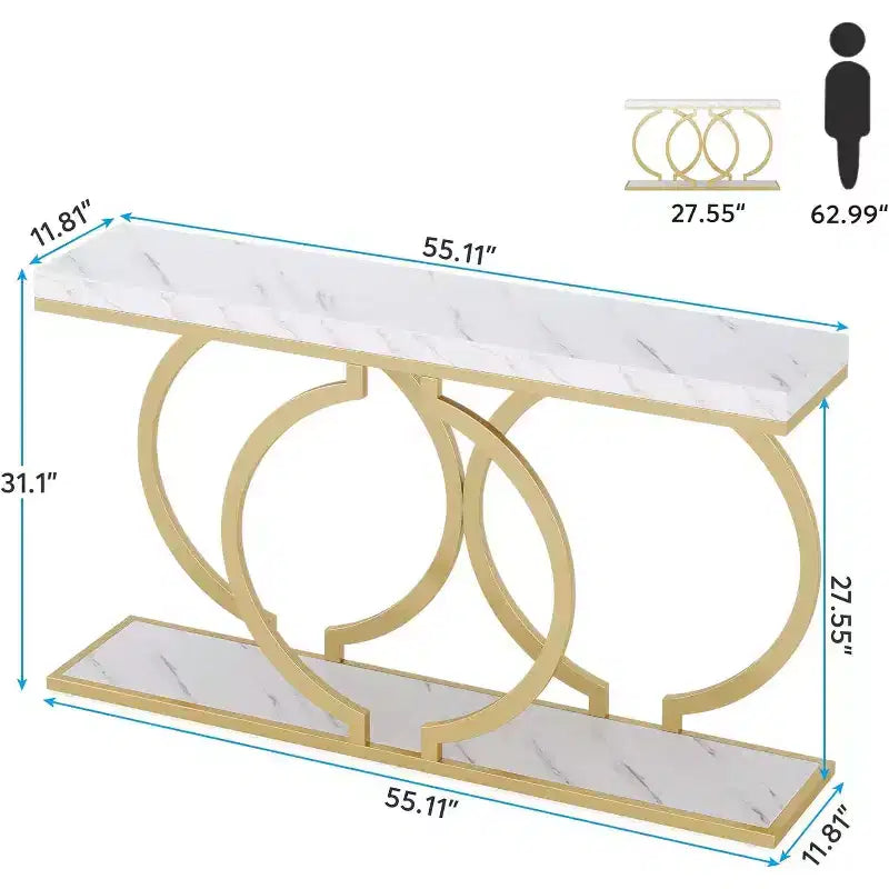 Consolle da 55 pollici dorata, Tavolo d'ingresso moderno con struttura geometrica in metallo, Tavolo da divano in finto marmo per soggiorno, ingresso, corridoio