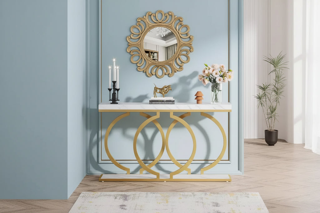 Consolle da 55 pollici dorata, Tavolo d'ingresso moderno con struttura geometrica in metallo, Tavolo da divano in finto marmo per soggiorno, ingresso, corridoio