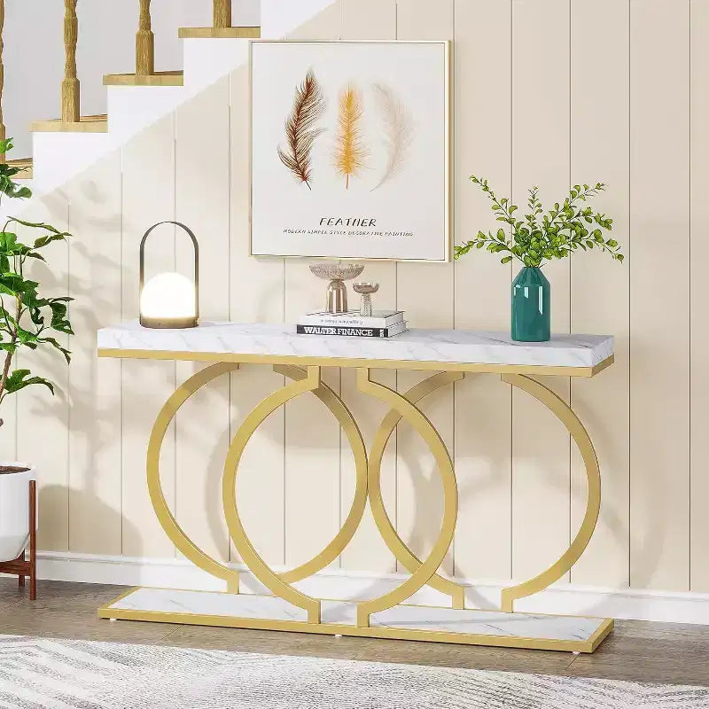 Consolle da 55 pollici dorata, Tavolo d'ingresso moderno con struttura geometrica in metallo, Tavolo da divano in finto marmo per soggiorno, ingresso, corridoio