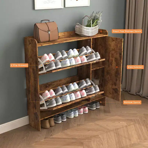Scarpiera indipendente rustica marrone da 41" - MDF, 2 ante a ribalta e ante a specchio, mobile salvaspazio stretto per ingresso, personalizzabile