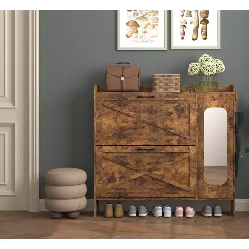 Scarpiera indipendente rustica marrone da 41" - MDF, 2 ante a ribalta e ante a specchio, mobile salvaspazio stretto per ingresso, personalizzabile