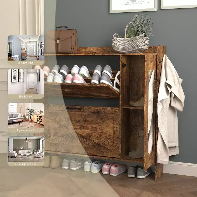 Scarpiera indipendente rustica marrone da 41" - MDF, 2 ante a ribalta e ante a specchio, mobile salvaspazio stretto per ingresso, personalizzabile