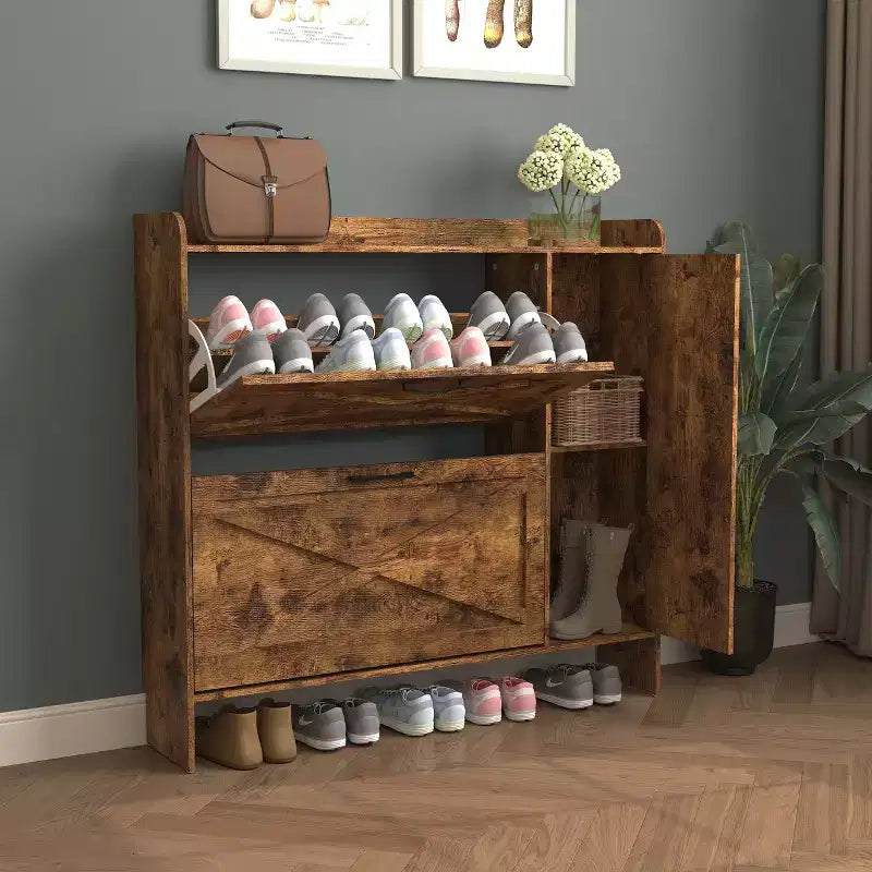 Scarpiera indipendente rustica marrone da 41" - MDF, 2 ante a ribalta e ante a specchio, mobile salvaspazio stretto per ingresso, personalizzabile