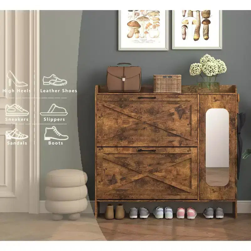 Scarpiera indipendente rustica marrone da 41" - MDF, 2 ante a ribalta e ante a specchio, mobile salvaspazio stretto per ingresso, personalizzabile