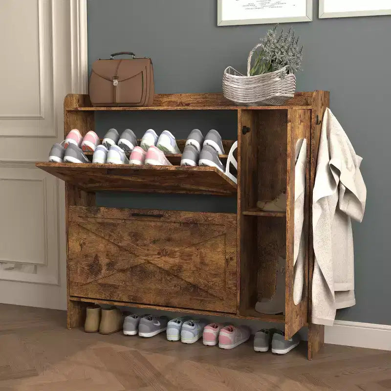 Scarpiera indipendente rustica marrone da 41" - MDF, 2 ante a ribalta e ante a specchio, mobile salvaspazio stretto per ingresso, personalizzabile