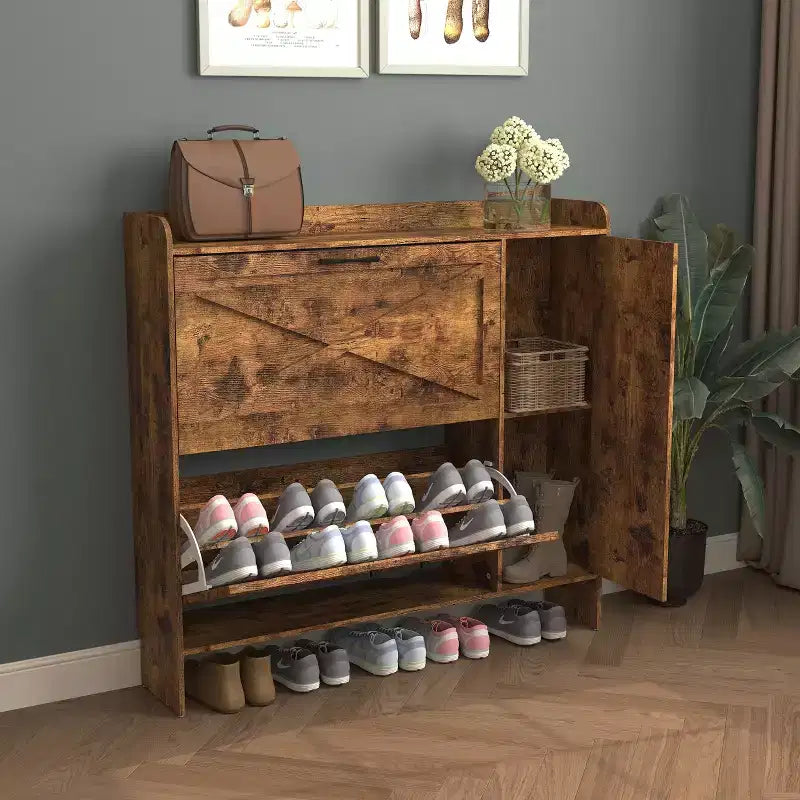 Scarpiera indipendente rustica marrone da 41" - MDF, 2 ante a ribalta e ante a specchio, mobile salvaspazio stretto per ingresso, personalizzabile