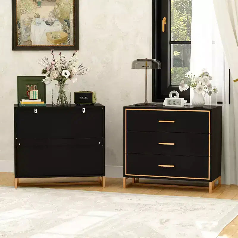 Comodino moderno bianco/nero e oro con struttura aperta in metallo, comodino da camera da letto, comodino a 3 cassetti per soggiorno