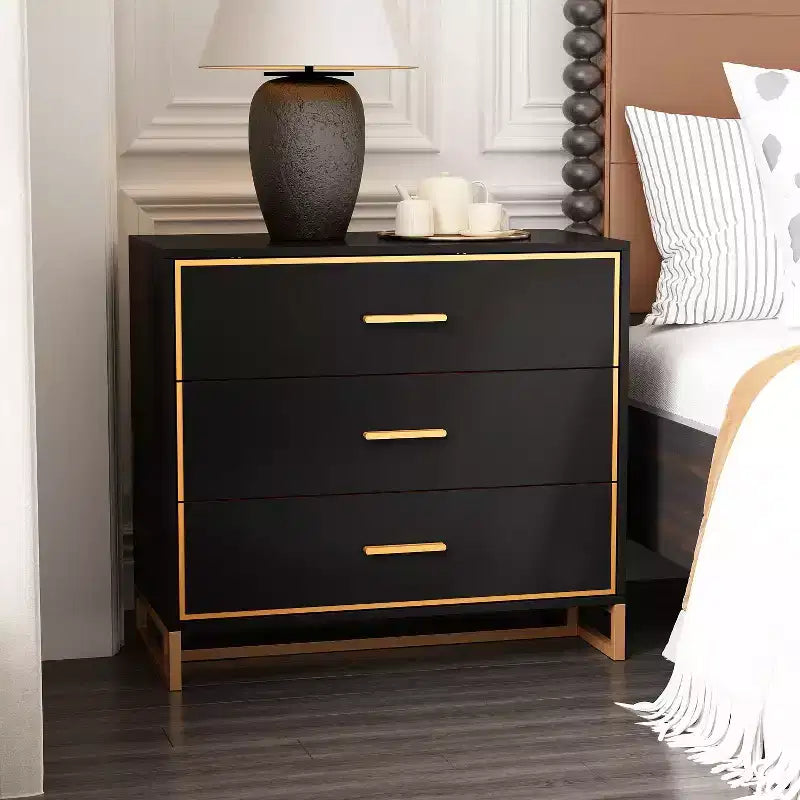 Comodino moderno bianco/nero e oro con struttura aperta in metallo, comodino da camera da letto, comodino a 3 cassetti per soggiorno