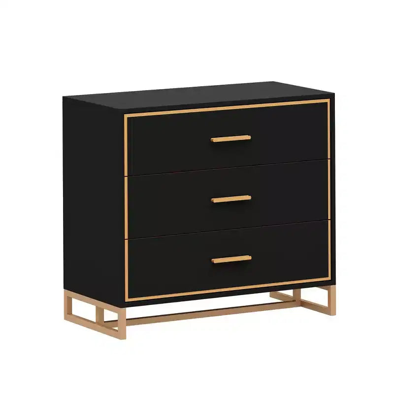 Comodino moderno bianco/nero e oro con struttura aperta in metallo, comodino da camera da letto, comodino a 3 cassetti per soggiorno