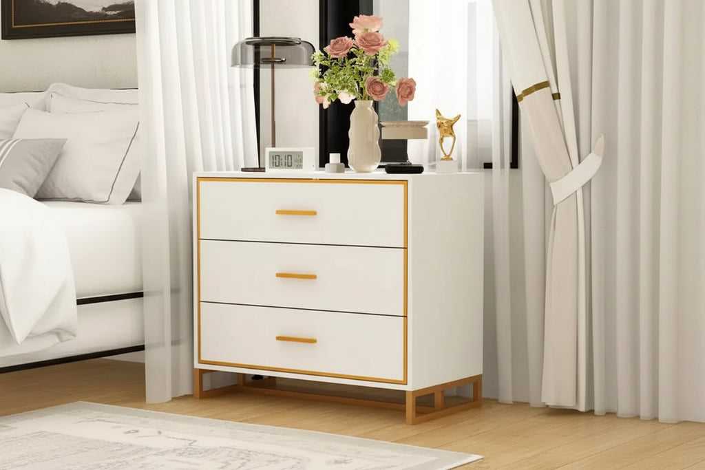 Comodino moderno bianco/nero e oro con struttura aperta in metallo, comodino da camera da letto, comodino a 3 cassetti per soggiorno