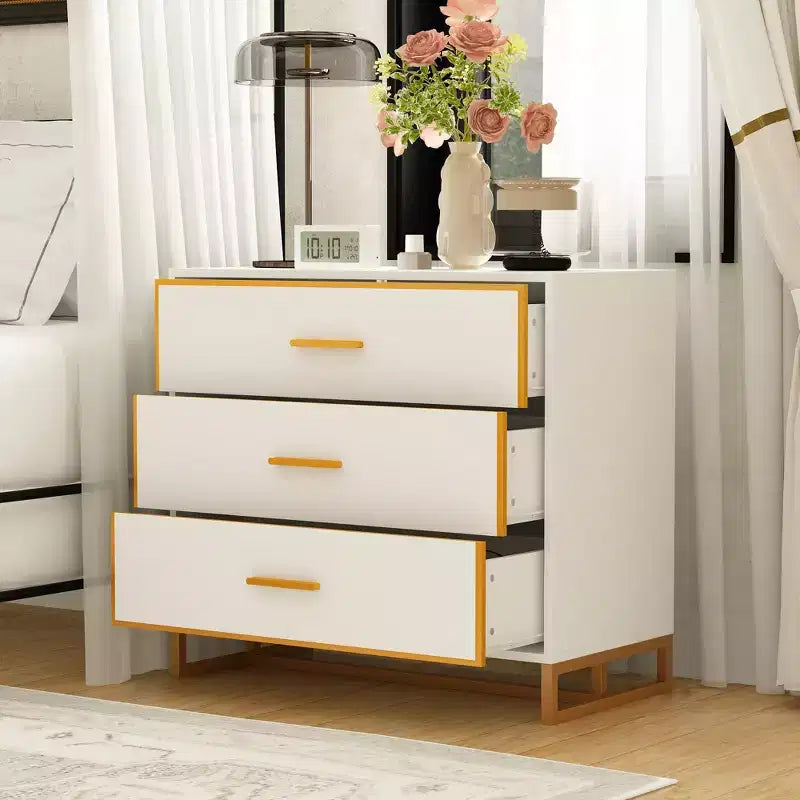 Comodino moderno bianco/nero e oro con struttura aperta in metallo, comodino da camera da letto, comodino a 3 cassetti per soggiorno