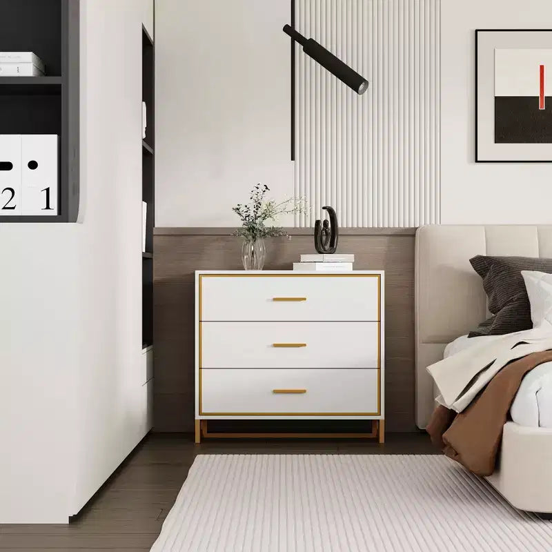 Comodino moderno bianco/nero e oro con struttura aperta in metallo, comodino da camera da letto, comodino a 3 cassetti per soggiorno