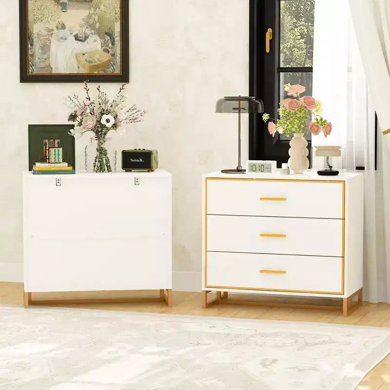 Comodino moderno bianco/nero e oro con struttura aperta in metallo, comodino da camera da letto, comodino a 3 cassetti per soggiorno
