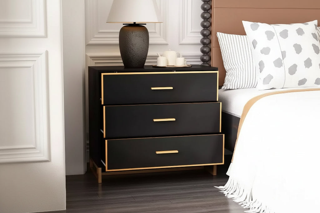 Comodino moderno bianco/nero e oro con struttura aperta in metallo, comodino da camera da letto, comodino a 3 cassetti per soggiorno