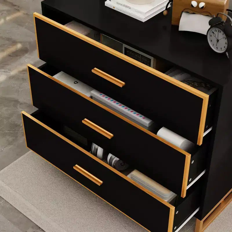 Comodino moderno bianco/nero e oro con struttura aperta in metallo, comodino da camera da letto, comodino a 3 cassetti per soggiorno