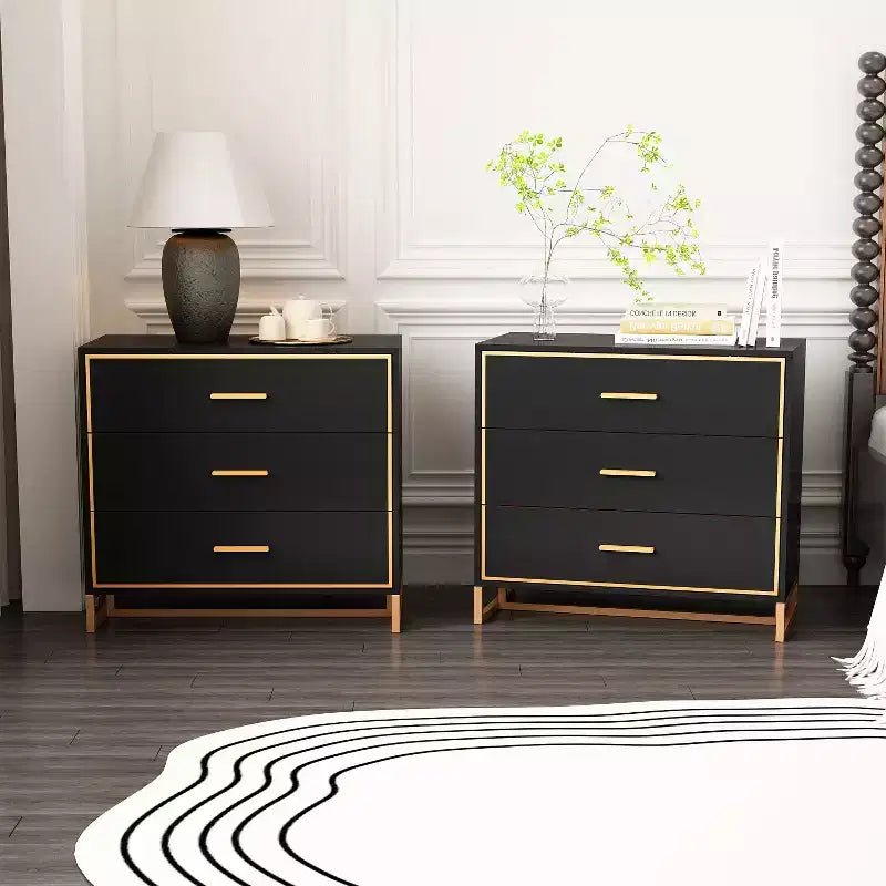 Comodino moderno bianco/nero e oro con struttura aperta in metallo, comodino da camera da letto, comodino a 3 cassetti per soggiorno