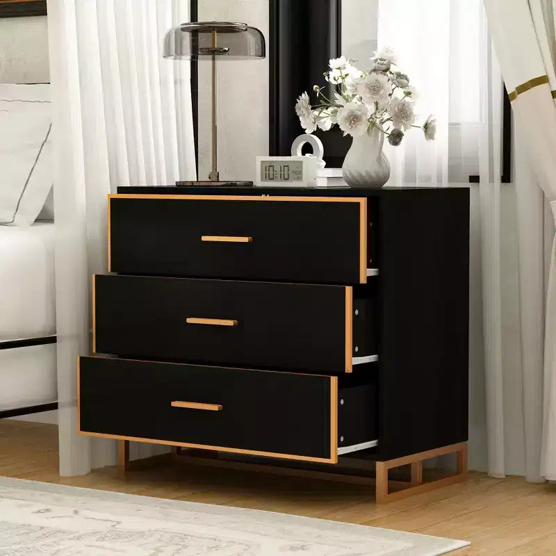 Comodino moderno bianco/nero e oro con struttura aperta in metallo, comodino da camera da letto, comodino a 3 cassetti per soggiorno