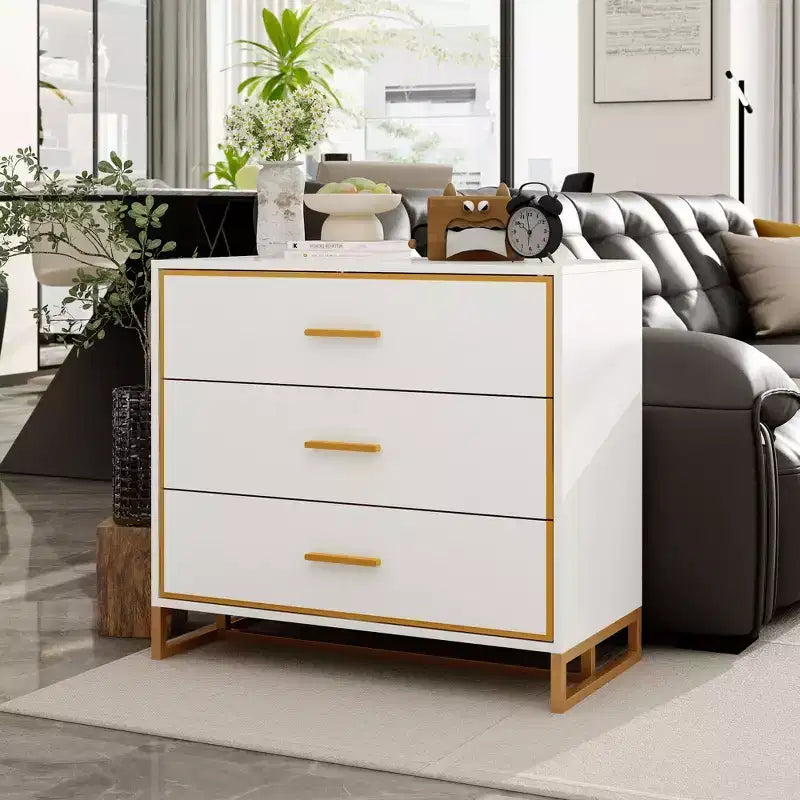Comodino moderno bianco/nero e oro con struttura aperta in metallo, comodino da camera da letto, comodino a 3 cassetti per soggiorno