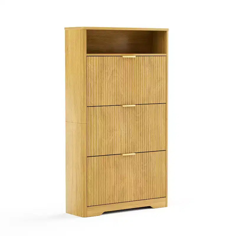 Scarpiera alta autoportante per 54 paia di scarpe - Truciolato naturale+MDF, 3 cassetti a ribalta, ripiani regolabili, contenitore nascosto per l'ingresso