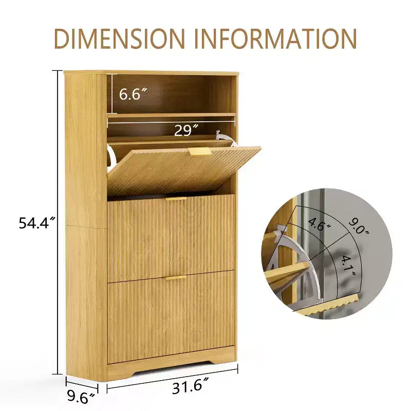 Scarpiera alta autoportante per 54 paia di scarpe - Truciolato naturale+MDF, 3 cassetti a ribalta, ripiani regolabili, contenitore nascosto per l'ingresso