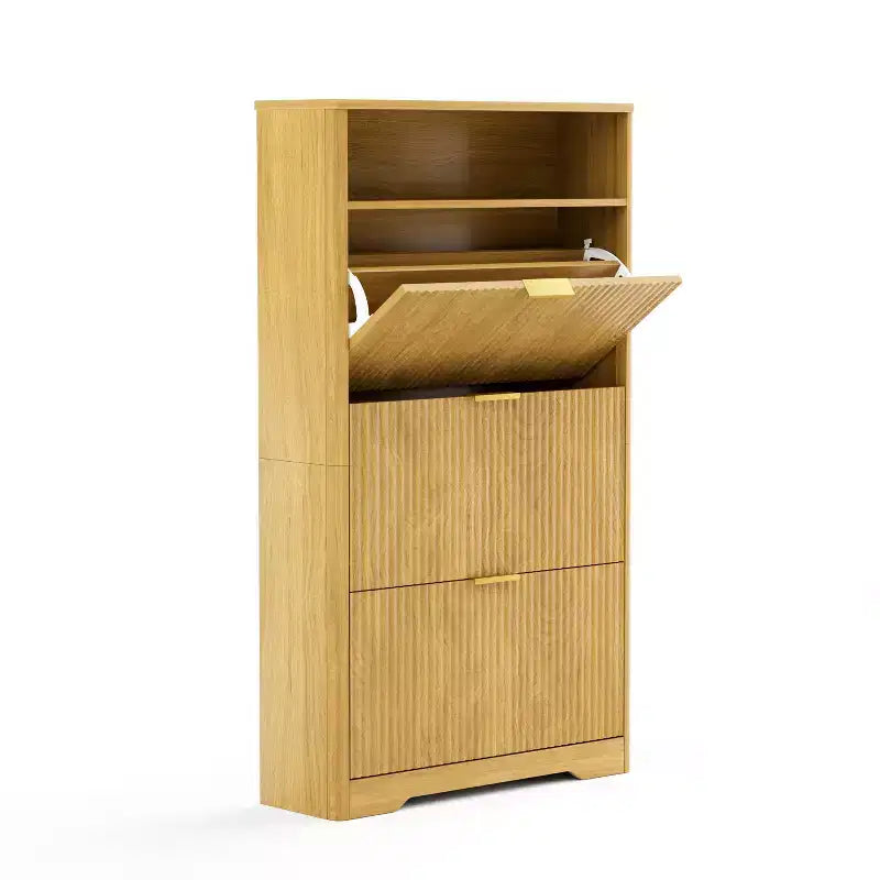 Scarpiera alta autoportante per 54 paia di scarpe - Truciolato naturale+MDF, 3 cassetti a ribalta, ripiani regolabili, contenitore nascosto per l'ingresso