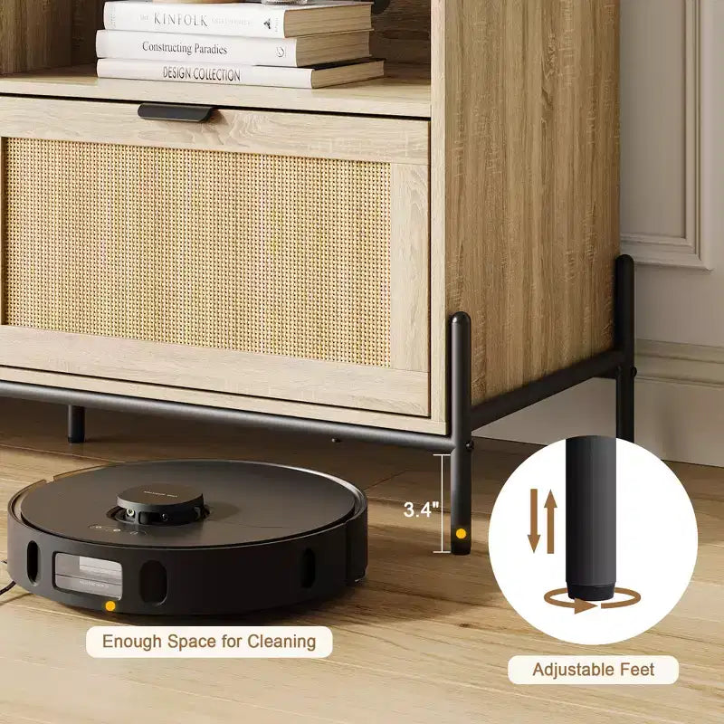 Mobile TV moderno in rattan per 75 pollici. Consolle multimediale in legno con 3 cassetti e ripiani aperti