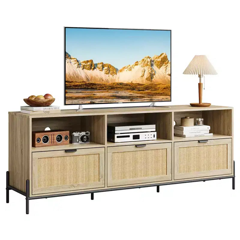 Mobile TV moderno in rattan per 75 pollici. Consolle multimediale in legno con 3 cassetti e ripiani aperti