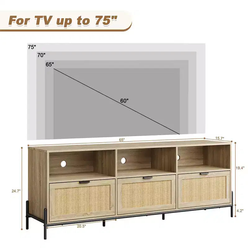 Mobile TV moderno in rattan per 75 pollici. Consolle multimediale in legno con 3 cassetti e ripiani aperti