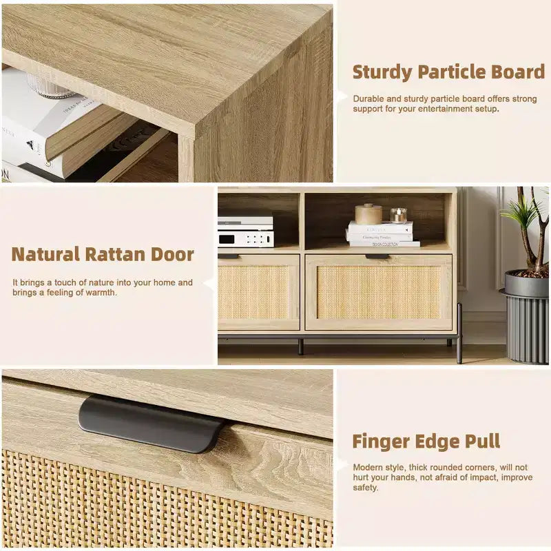Mobile TV moderno in rattan per 75 pollici. Consolle multimediale in legno con 3 cassetti e ripiani aperti