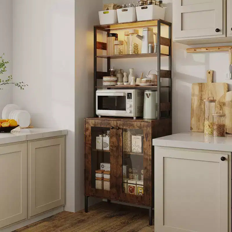 Dispensa da Cucina Multifunzione con Prese e Luci a LED, Ante in Vetro