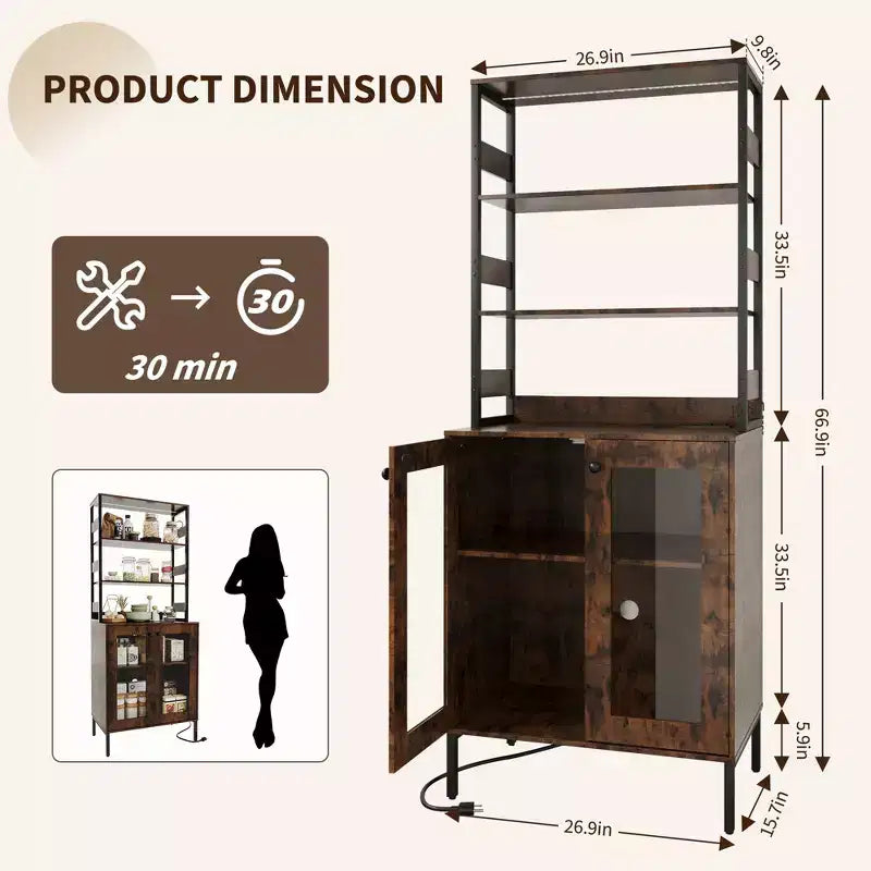 Dispensa da Cucina Multifunzione con Prese e Luci a LED, Ante in Vetro