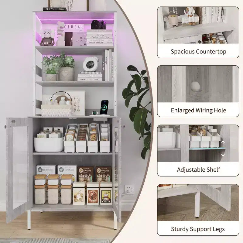 Dispensa da Cucina Multifunzione con Prese e Luci a LED, Ante in Vetro