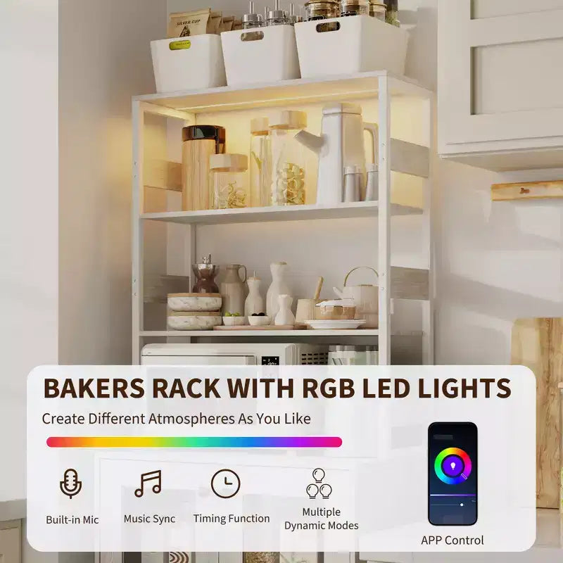 Dispensa da Cucina Multifunzione con Prese e Luci a LED, Ante in Vetro
