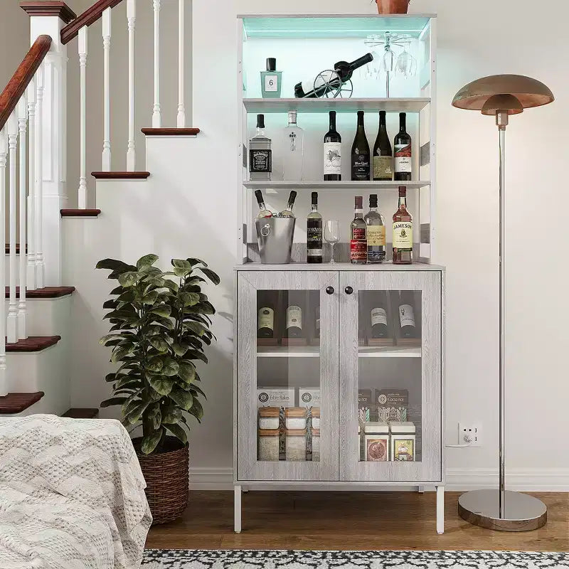 Dispensa da Cucina Multifunzione con Prese e Luci a LED, Ante in Vetro