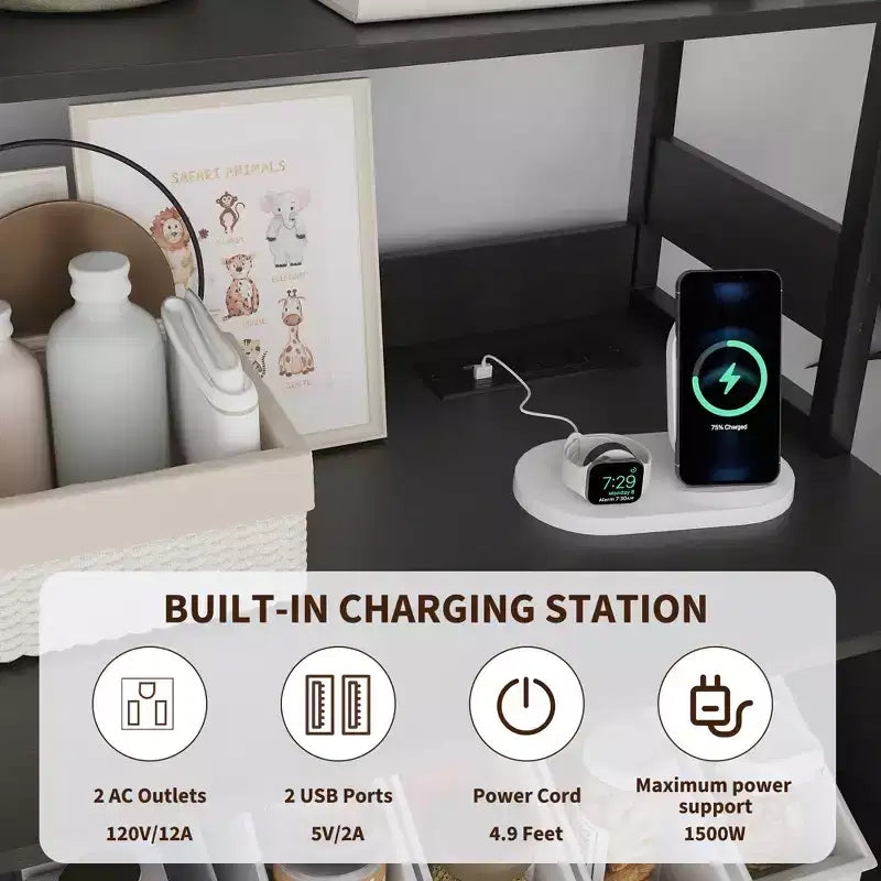 Dispensa da Cucina Multifunzione con Prese e Luci a LED, Ante in Vetro