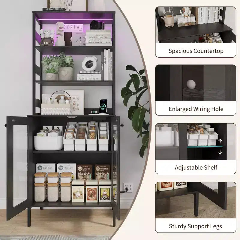 Dispensa da Cucina Multifunzione con Prese e Luci a LED, Ante in Vetro