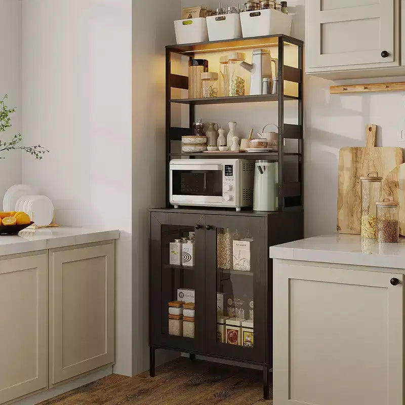 Dispensa da Cucina Multifunzione con Prese e Luci a LED, Ante in Vetro