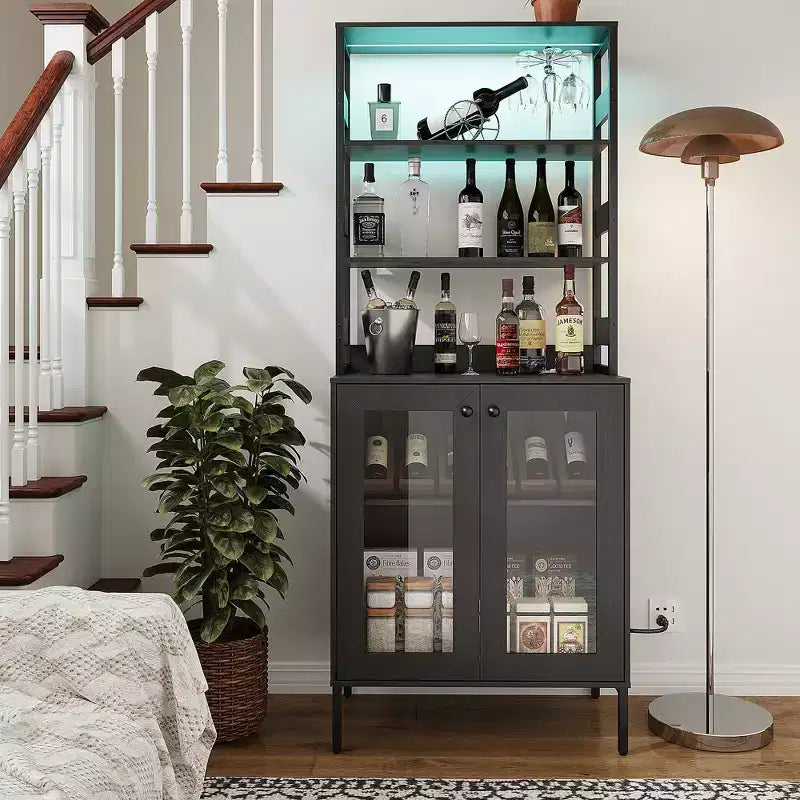 Dispensa da Cucina Multifunzione con Prese e Luci a LED, Ante in Vetro
