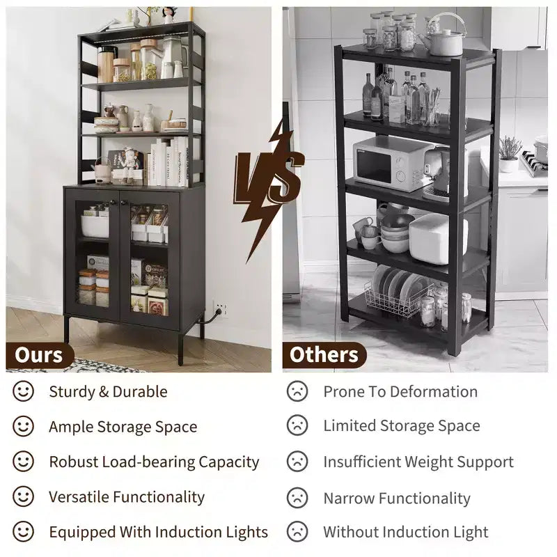 Dispensa da Cucina Multifunzione con Prese e Luci a LED, Ante in Vetro