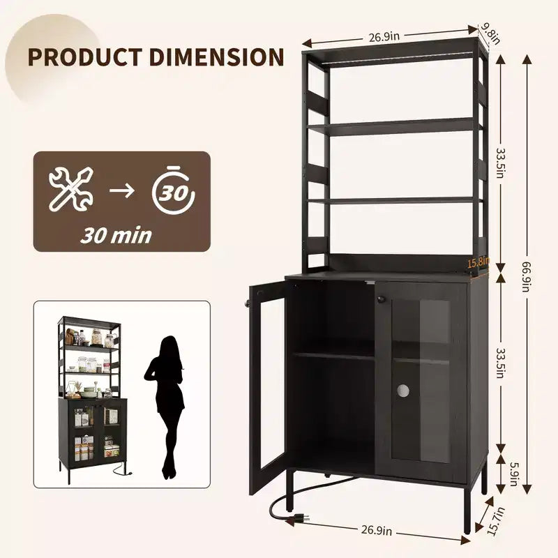 Dispensa da Cucina Multifunzione con Prese e Luci a LED, Ante in Vetro