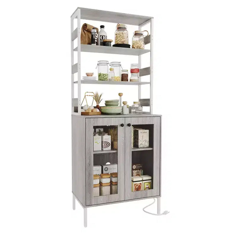 Dispensa da Cucina Multifunzione con Prese e Luci a LED, Ante in Vetro