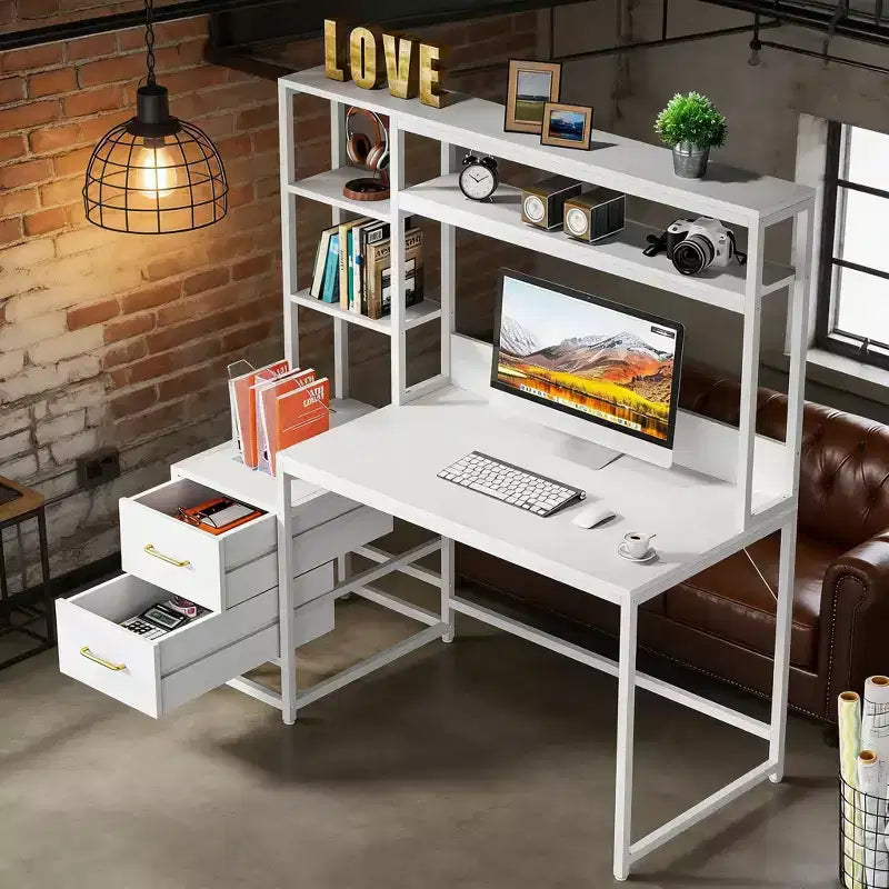Tavolo portaoggetti da ufficio, scrivania per computer alta con credenza, 2 cassetti e ripiani aperti, tavolo da scrittura moderno per ufficio domestico, studio, camera da letto, bianco
