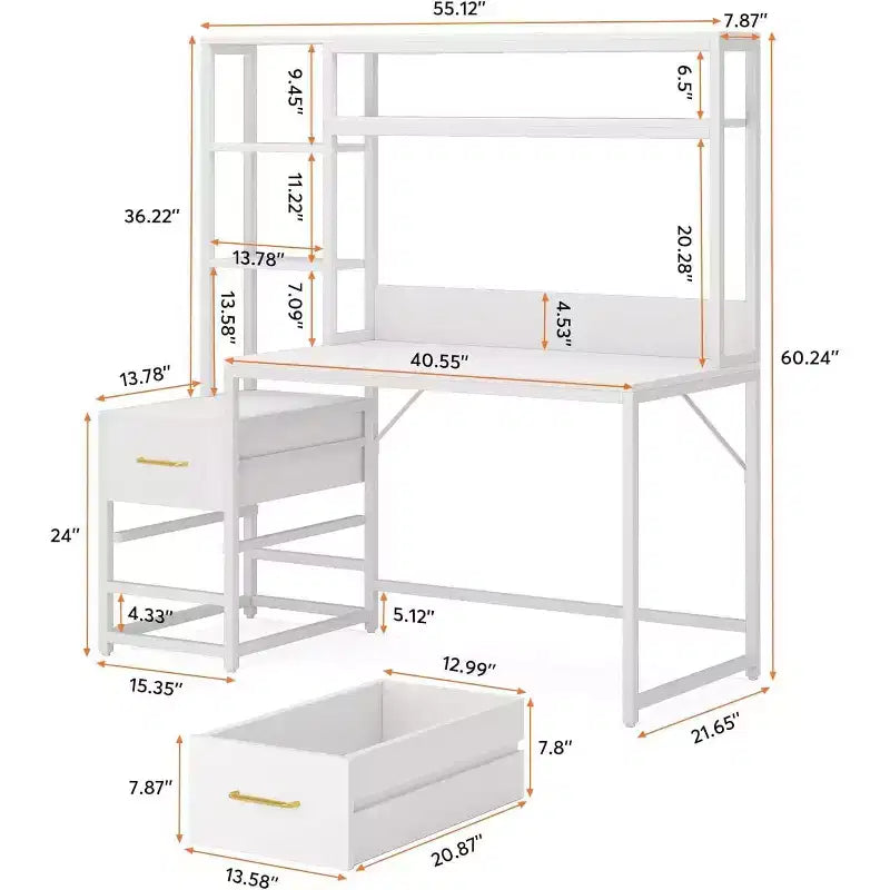 Tavolo portaoggetti da ufficio, scrivania per computer alta con credenza, 2 cassetti e ripiani aperti, tavolo da scrittura moderno per ufficio domestico, studio, camera da letto, bianco