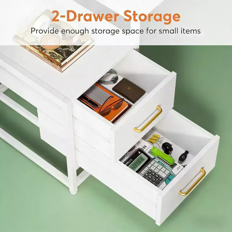 Tavolo portaoggetti da ufficio, scrivania per computer alta con credenza, 2 cassetti e ripiani aperti, tavolo da scrittura moderno per ufficio domestico, studio, camera da letto, bianco