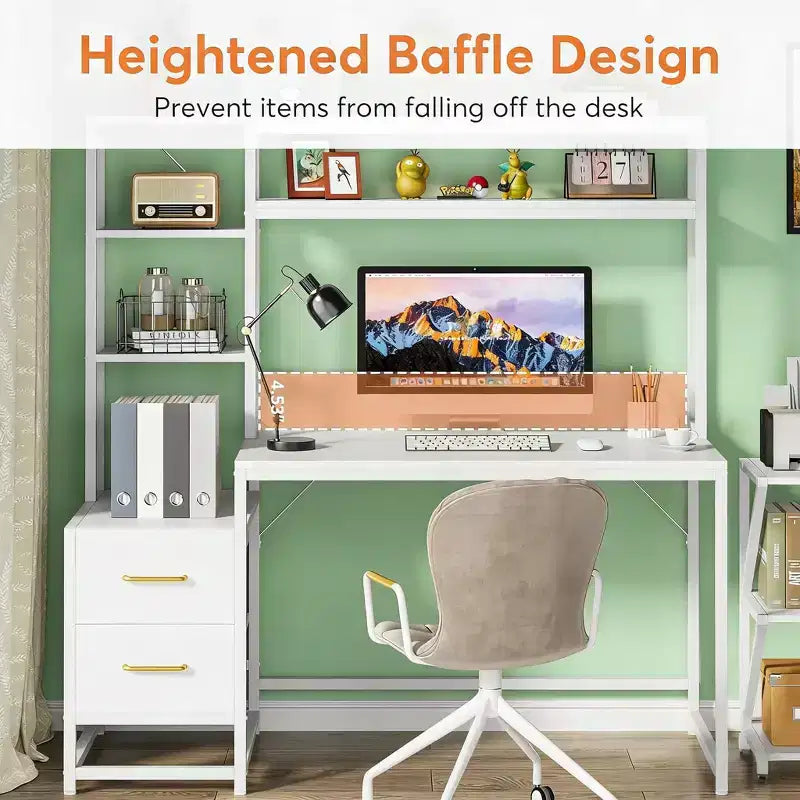 Tavolo portaoggetti da ufficio, scrivania per computer alta con credenza, 2 cassetti e ripiani aperti, tavolo da scrittura moderno per ufficio domestico, studio, camera da letto, bianco